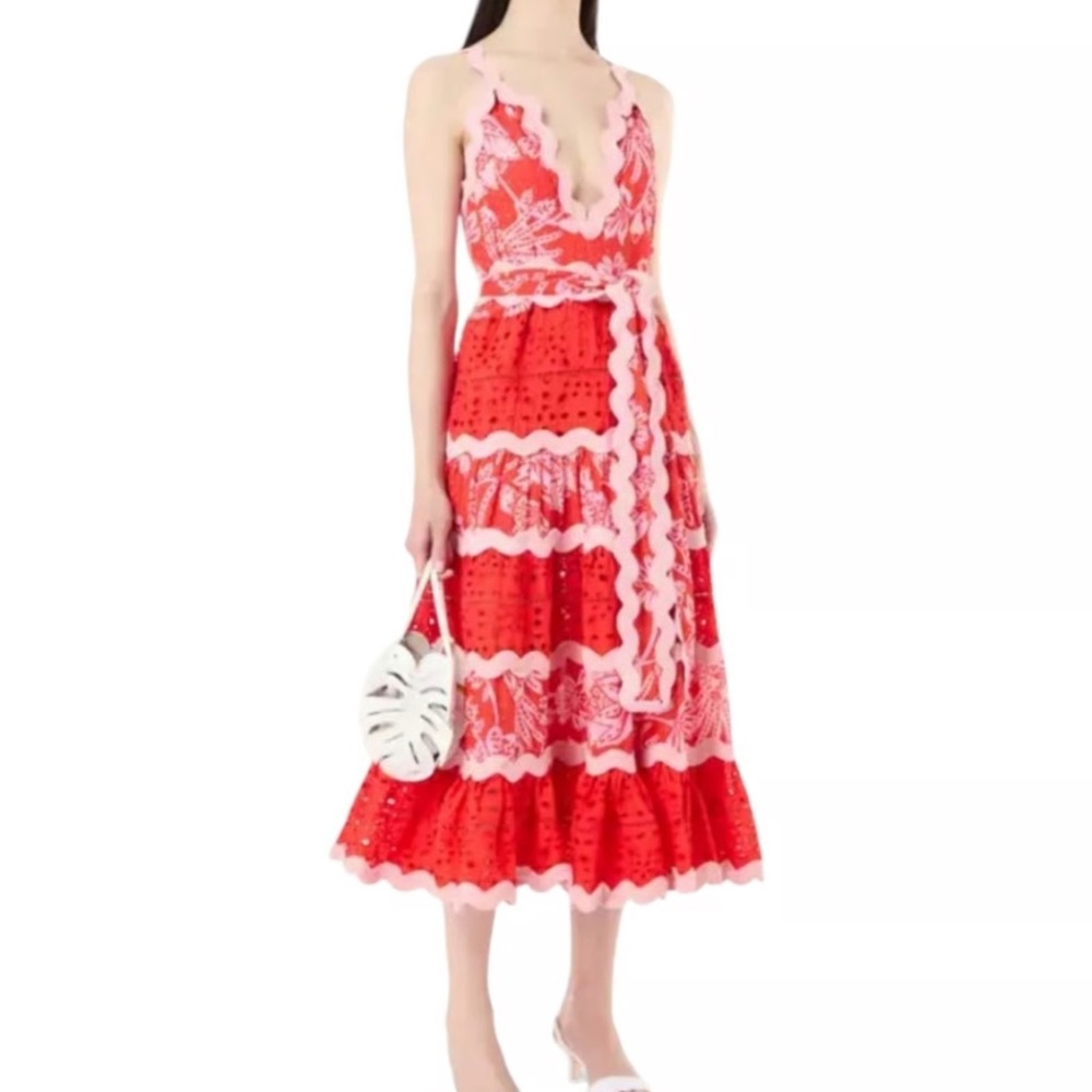 FARM Rio Red and Pink Midi Dress
